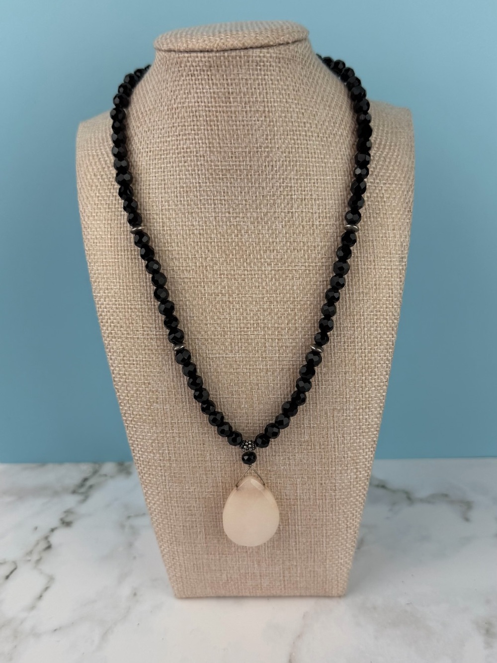 Sterling Silver Milky Rose Quartz Pendant Black Faceted Bead Boho Artisan